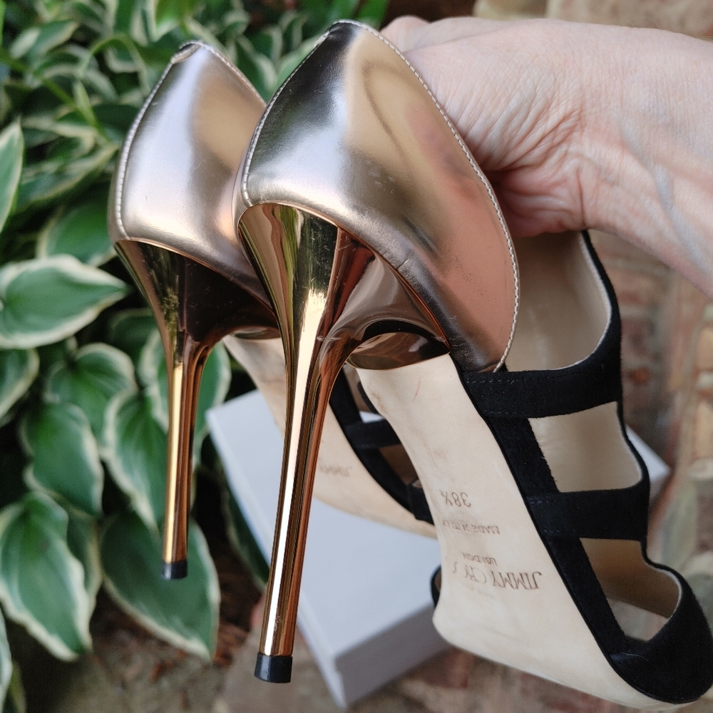 Jimmy Choo Tarine WITH BOX Suede Cutout Bootie Sandal, Black/Mirrored Nude 38.5 - Picture 14 of 16
